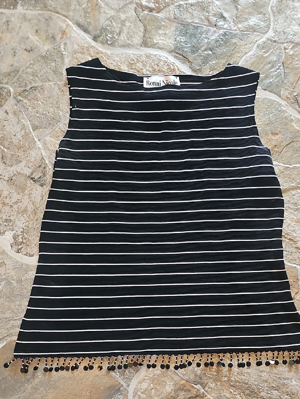 Ronni Nicole Black & White Striped Sleeveless Tank with Fringe Trim